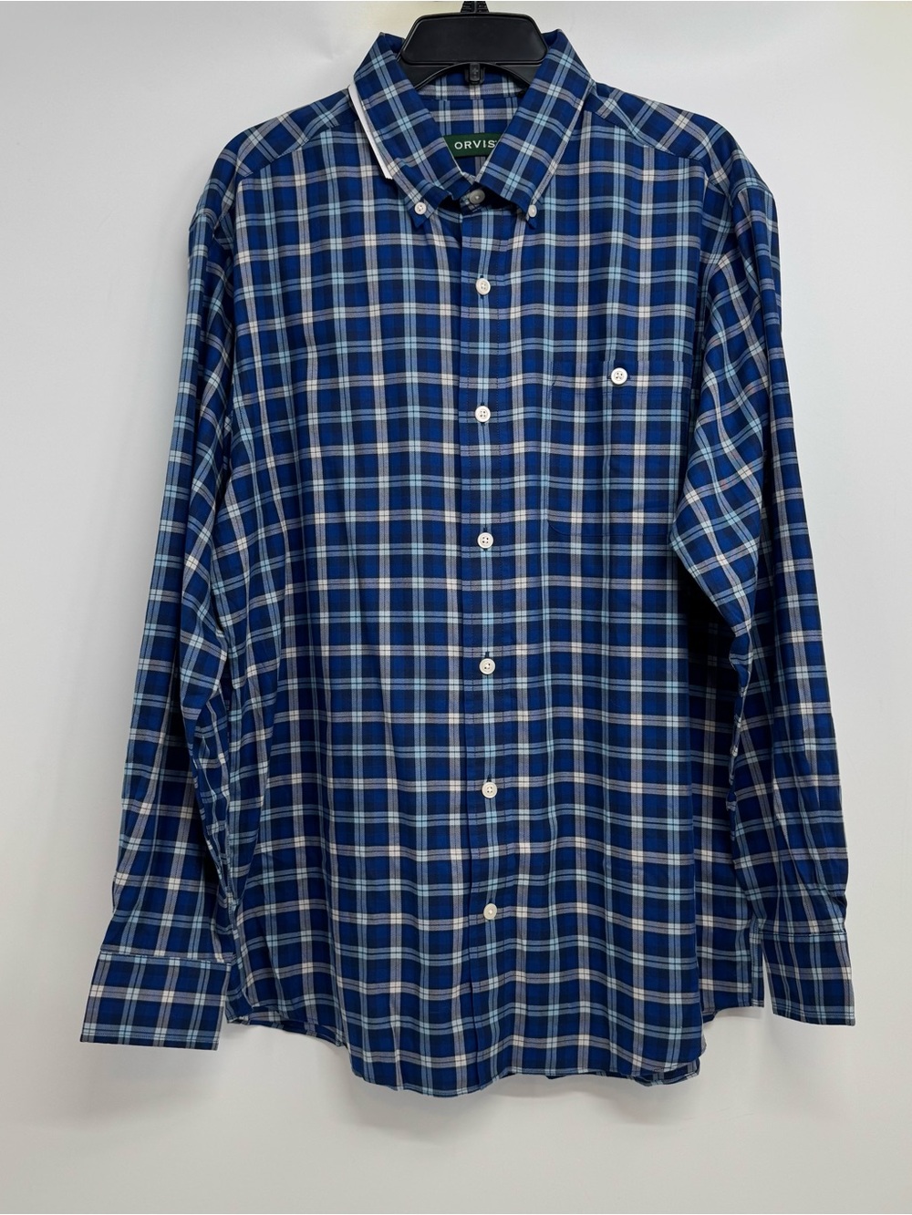 Orvis Large Classic Fit Wrinkle Free Stretch Plaid Button Front Shirt Blue White